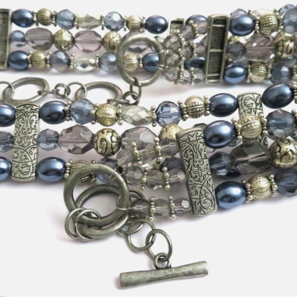 Coldwater Creek Rustic Multi-Tone silver/blue/gray Beaded Belt w/ toggle closure